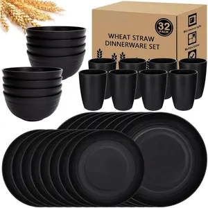 32-Piece Kitchen Plastic Wheat Straw Dinnerware Set - Dinner Plate, Dessert Plate, Cereal Bowl, Cup, Unbreakable Plastic, Black -  Tableware