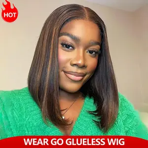 Glueless Highlight Straight Bob Wig Human Hair Glueless Wear Go 6×5 Lace Wig Pre-Cut Pre-Bleached Knots#Summervibes