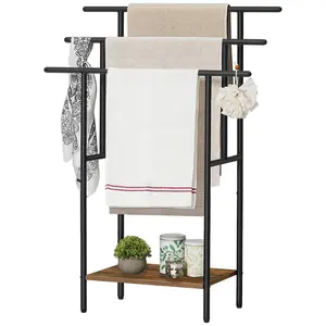 HOOBRO 39.4" Tall Freestanding Towel Rack for Bathroom, 3 Tier Stepped Blanket Rack with Shelf, Oversized Bath Towels Drying and Display Rack, Black and Rustic Brown