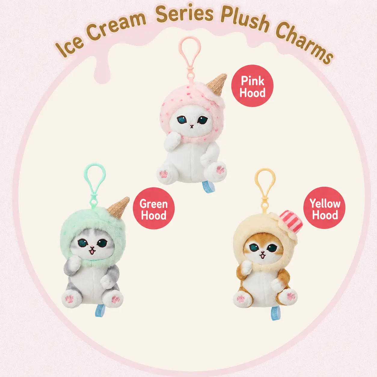 MINISO Mofusand Ice Cream Series Polyester Plush Charm - 3 Colors Kawaii Charms for Bags, Trendy Bag Keys Decoration, Soft Stuffed Cat Keychain Purse Accessory for Kids Fans, Back To School