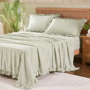 Queen Sheet Set, Lightweight Super Soft Brushed Microfiber Plaid Bed Sheets with 16" Deep Pocket, 4 Piece Ruffle Farmhouse Bedroom Decor, Sage Green