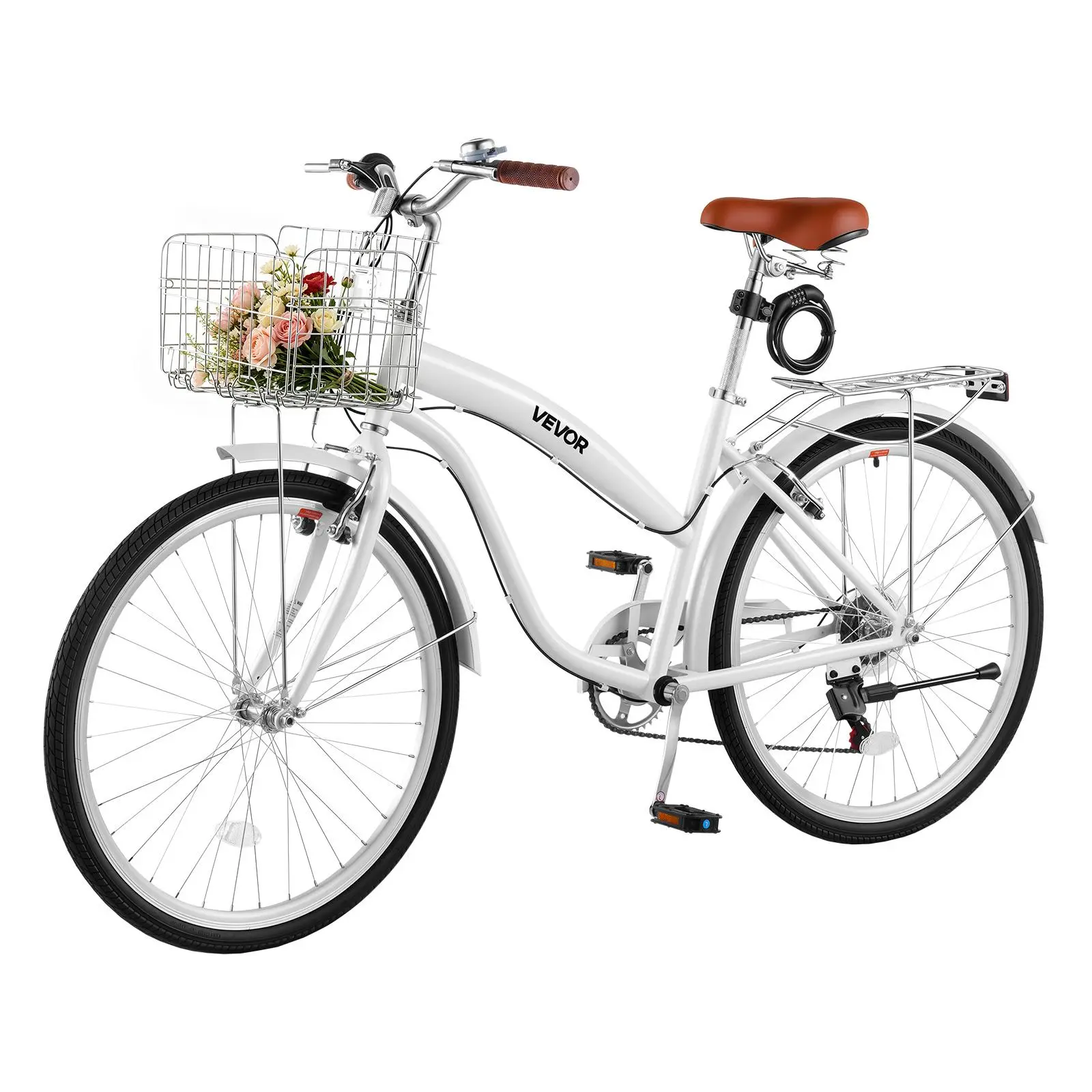 【SummerFinds】VEVOR Women Bike, 26 in Beach Cruiser Bike, 7-Speed Adult City Bicycle with Carbon Steel Frame, 330 lbs Capacity, Basket, Rear Rack & Dual V-Brakes, White