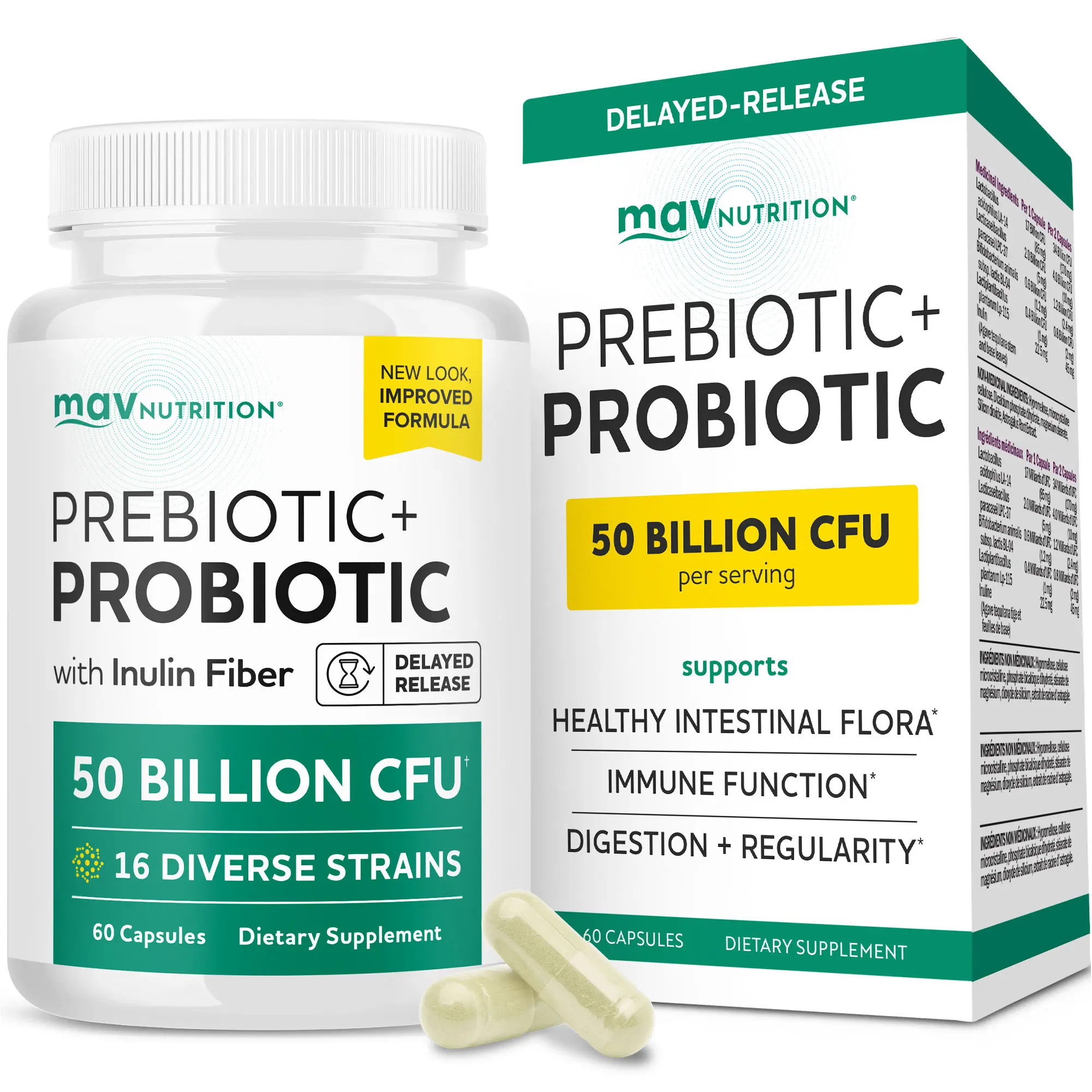 Prebiotic & Probiotic Supplement, 50B CFU, 16 Probiotic Strains, Inulin Prebiotic Fiber, Delayed Release Capsules, Gut Health Support, Non-GMO, 60 Ct (for Women & Men)