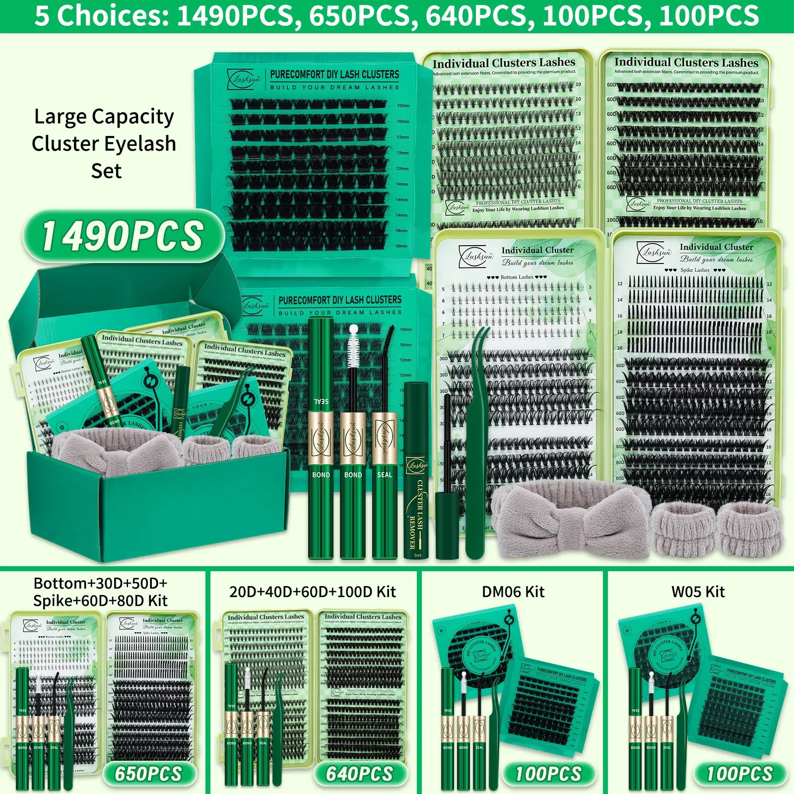 1490/650 Pcs Best Lash Clusters Kit, Cluster Eyelashes, Lashes Extension Set, Eyelash Extensions, D Curl Mixed Length 11 Styles Bottom/Spike/Wispy/Volume Lashes, with Bond&Seal Tweezers, Perfect for Beginners&Proficient, Easy DIY at Home