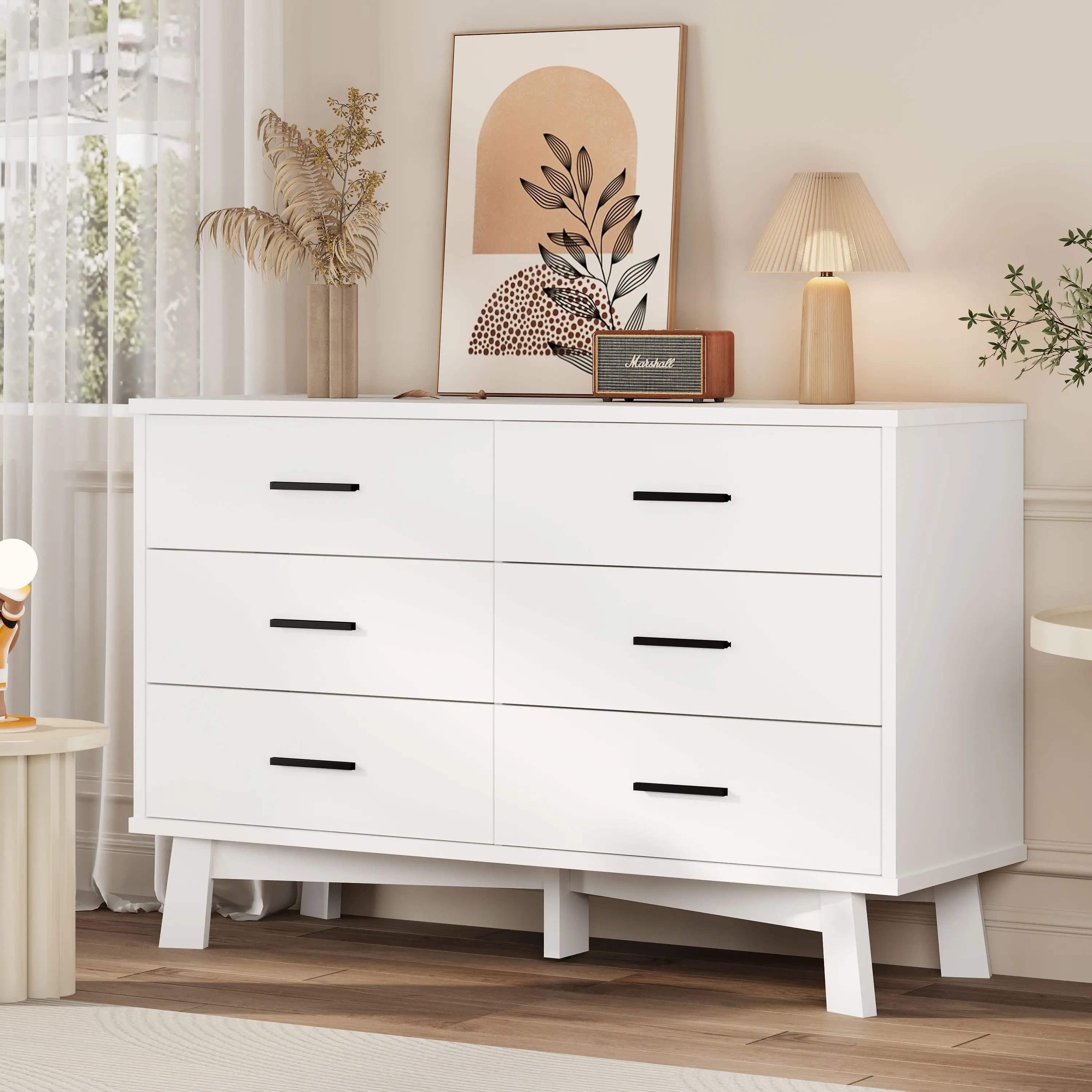 6-Drawer Wooden Dresser for Bedroom, 47.2" Modern Single Unit Freestanding Storage Cabinet with Metal Handles, X-Shape Base, Adjustable Center Leg & Anti-Tip Device, Adjustable Bedroom Furniture Drawer Cabinet (Father's Day Gift Idea)