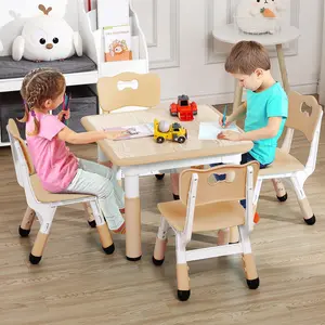 GAOMON Kids Table and Chairs Set, Height Adjustable Desk with 4 Seats for Ages 2-10,Arts & Crafts Table,Graffiti Desktop, Non-Slip Legs, Max 300lbs, Children Multi-Activity Table for Classrooms,Daycares,Home