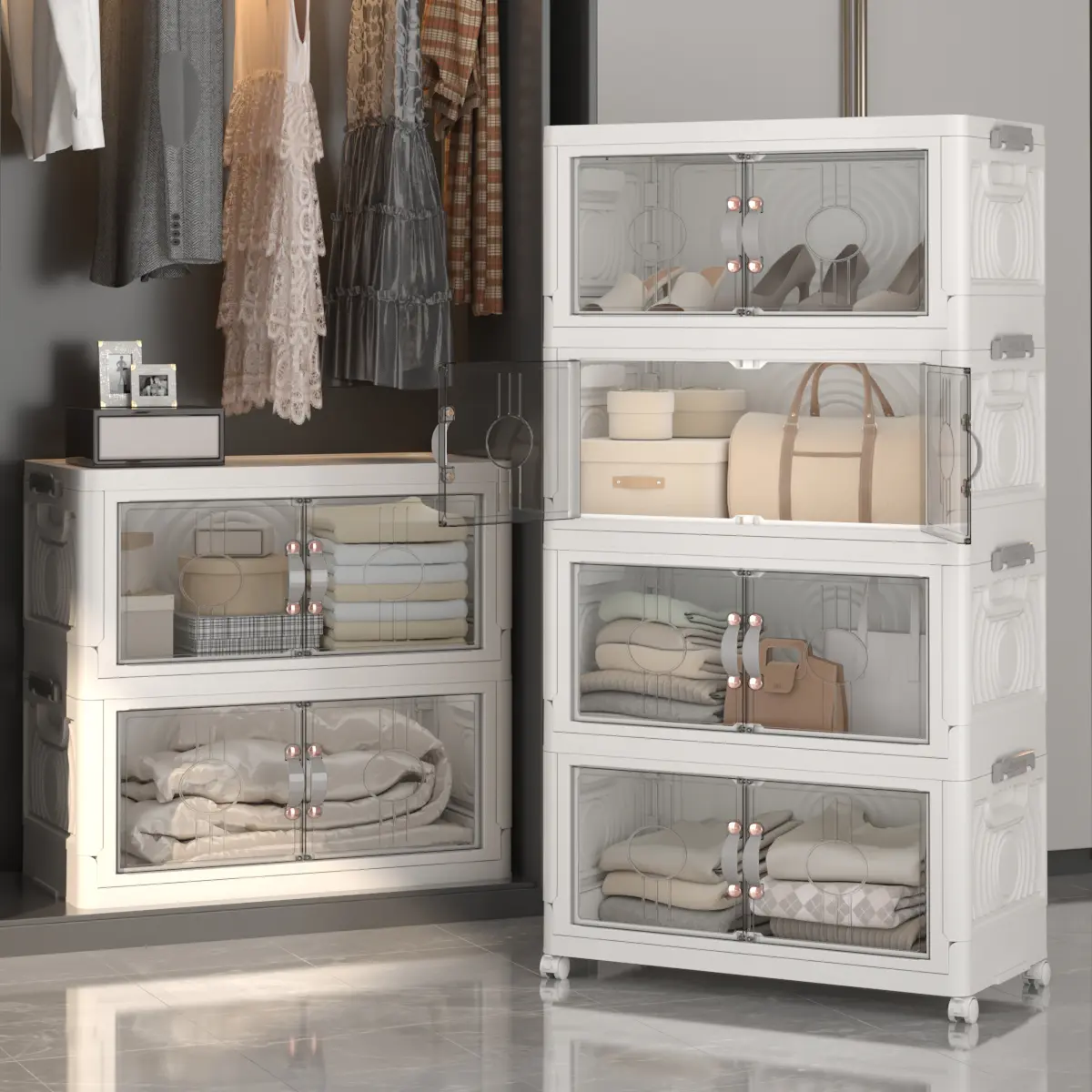 2/3/4/5-tier 19.6inch foldable plastic storage cabinet with doors and wheels, suitable for large-capacity stacked storage in bedrooms, living rooms, and kitchens—high-quality, space-saving design, easy to assemble, transparent doors, magnetic closure.