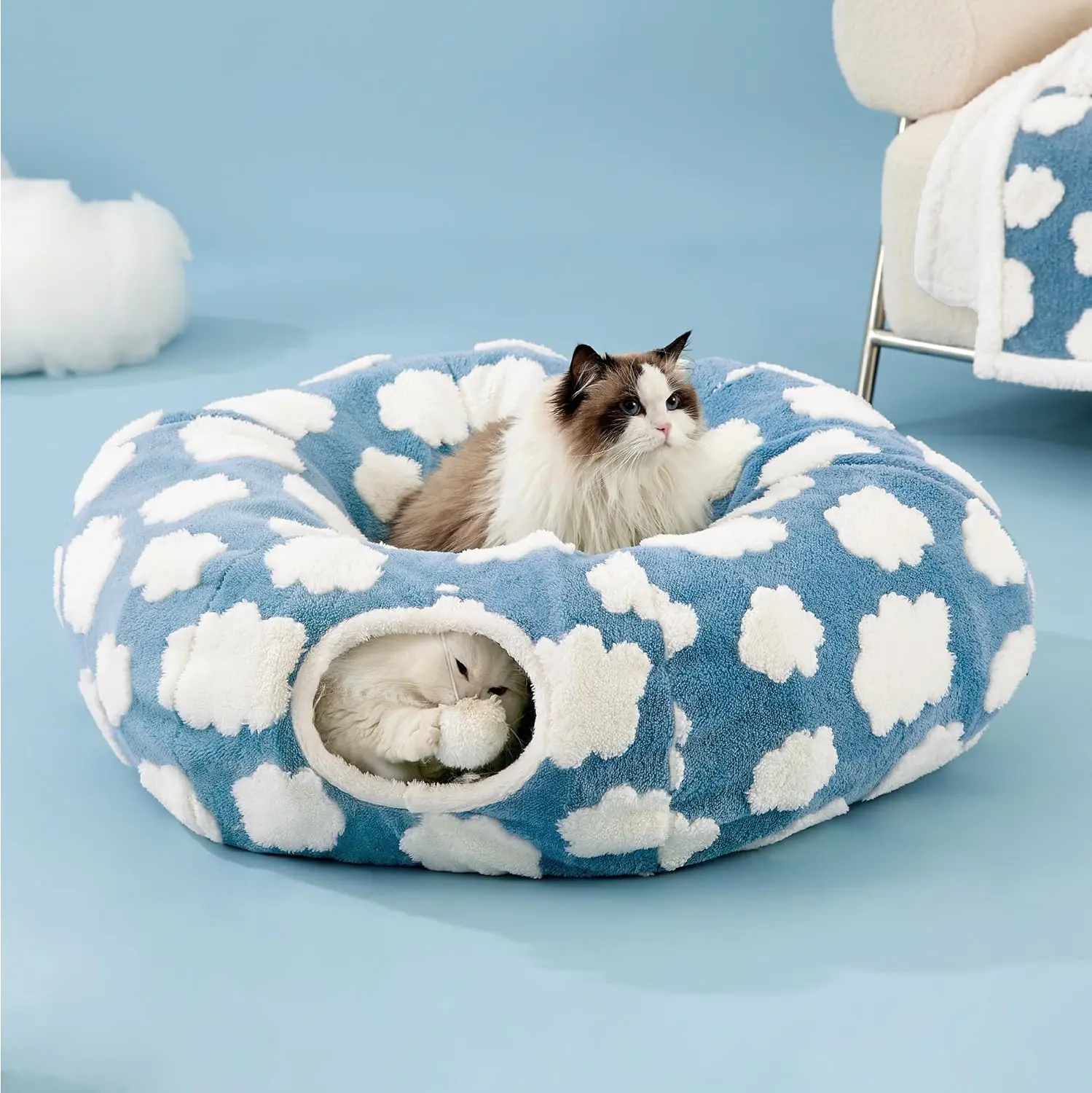Lesure Cat Tunnel Bed for Indoor Cats - Soft&Cozy Cute Cat Donut Tunnel with Washable Circle Cushion, Round Pet Play Tunnel Toy for Kitten/Puppy/Rabbit, Peekaboo Cave Toy, Cool Cat Stuff