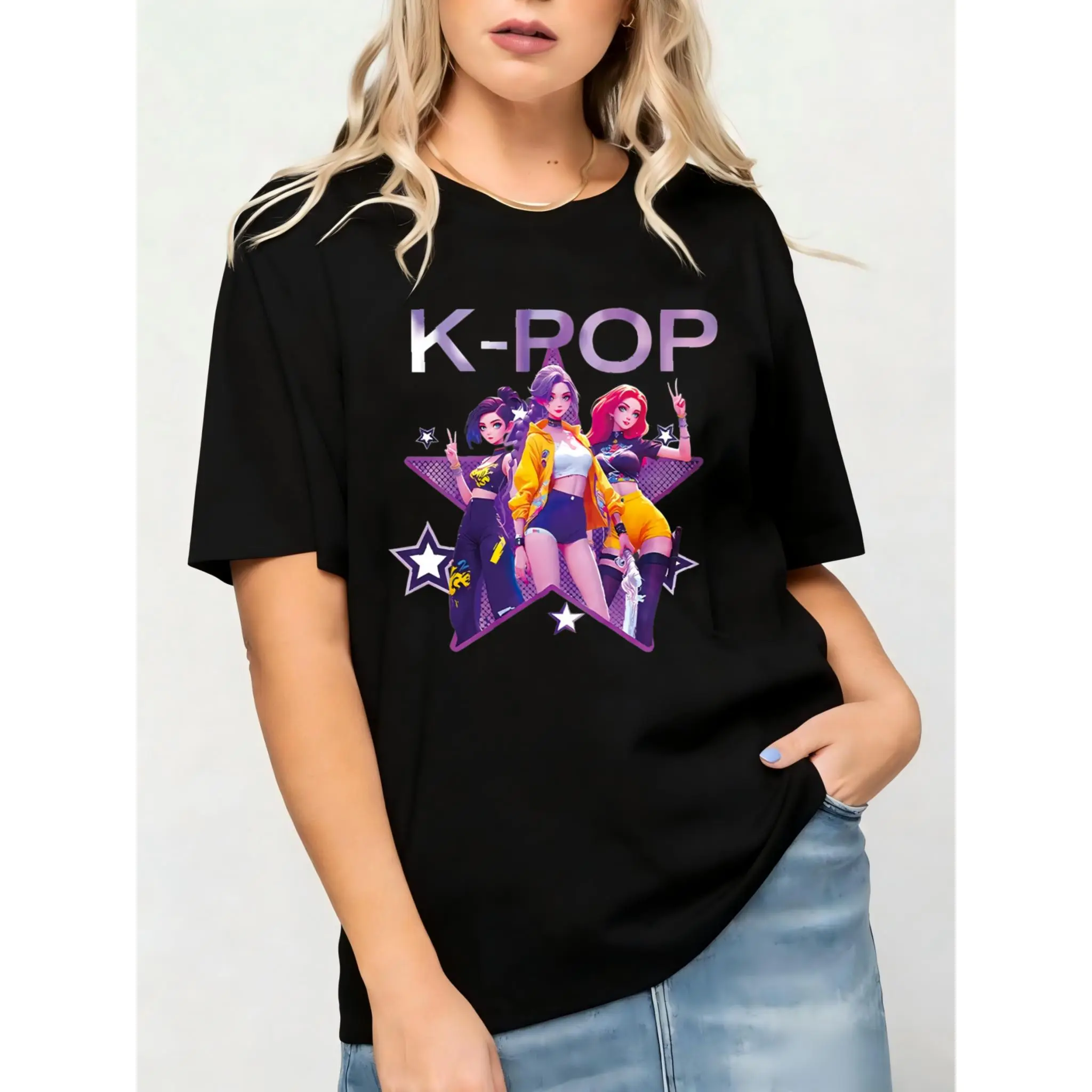 k-POP Anime Girl Group Graphic Tee | Cute Stan T-Shirt for Fans | Anime Girl Group Tee for Concerts & Casual Days | Cute Purple Star Graphic Women's T-Shirt#AnimeKpopShirt #ConcertOutfit #KpopMerch