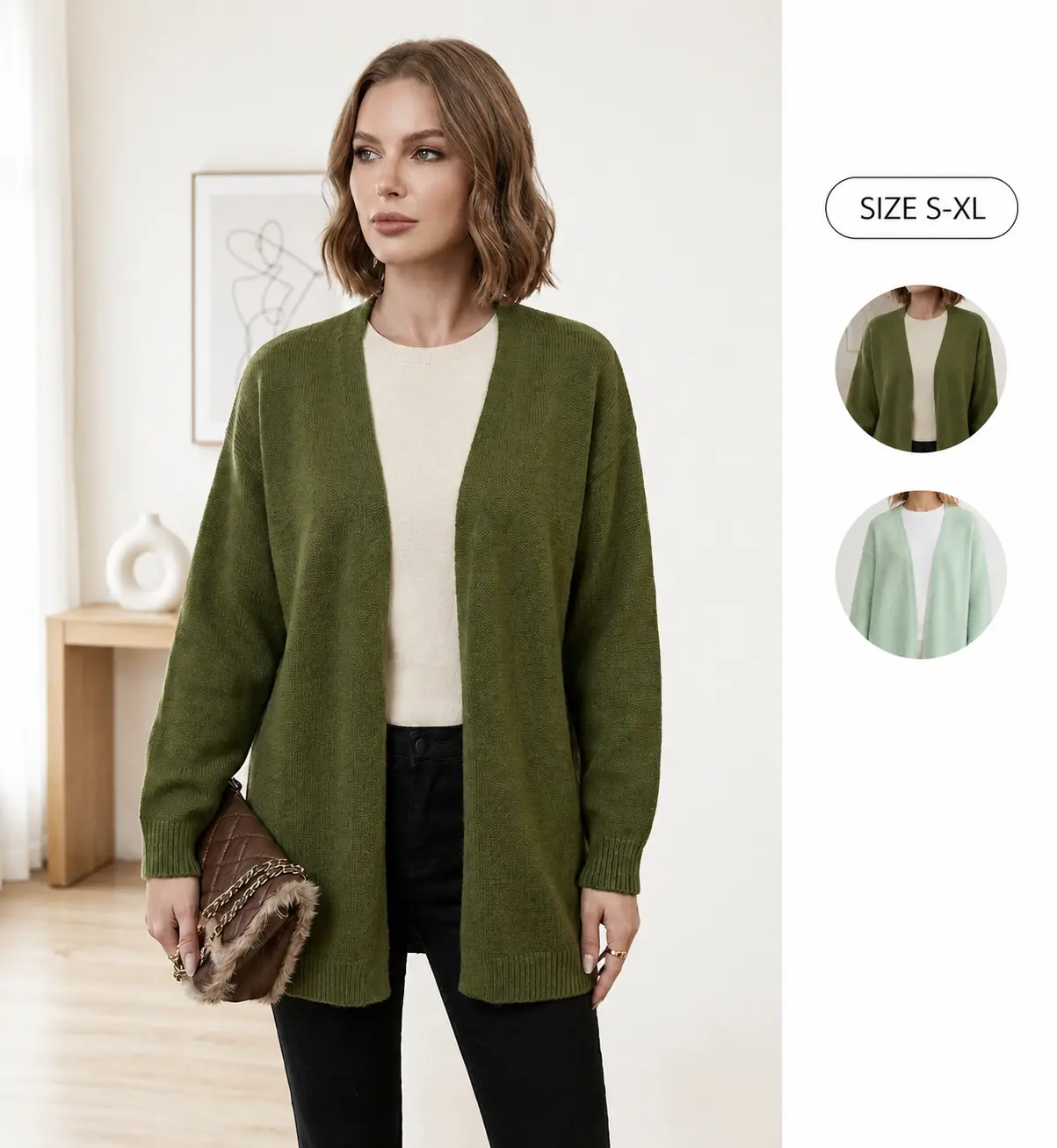 Women's Olive Green V-Neck Knit Cardigan, Lightweight Long Sleeve Open Front Sweater, Casual Spring Summer Outerwear Top