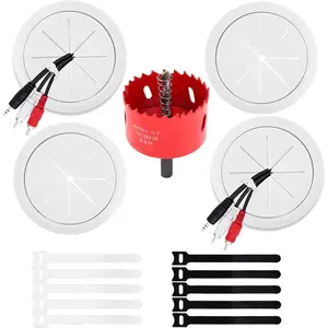 4 Pack Cord Hider for Wall Mounted TV - 2-3/8" (60mm) Hole, Includes 4 Pass Throughs, 1 Hole Saw Drill Attachment & 10 Cable Ties for Easy Install