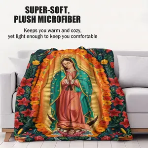 1Pcs Our Lady of Guadalupe with Mexican Folk Art Floral & Angel Accents Digital Print Flannel Cozy Throw Blanket, Decorative, Ultra-Soft & Fluffy, Cozy Warm for Sofa, Bed & Office, Versatile Gift for Faithful & Mexican Heritage Enthusiasts