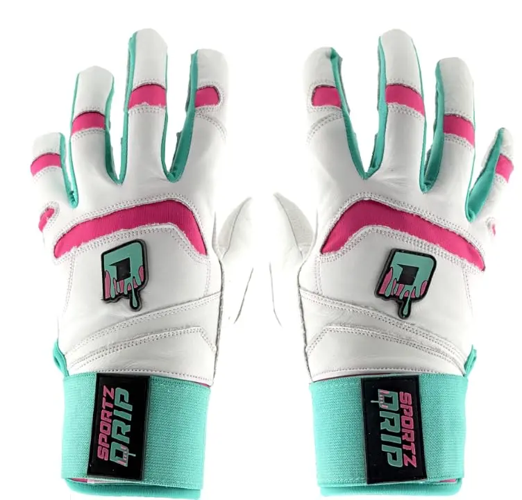 Sportz Drip Batting Gloves, White & Pink Genuine Leather Baseball & Softball Equipment for Youth and Adults, Padded with a Modern Secure Cuff, Baseballequipment, Multi-Size, Unisex Youth/Adult, Intense Games, Padded Cuff, Hand Wash Only