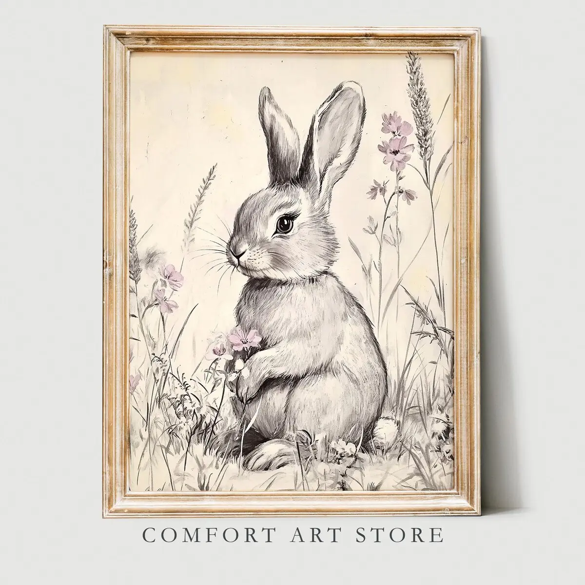 Cute Easter Bunny Print – Vintage Rabbit Sketch , Spring Flower Nursery Wall Art, Kids Room Easter Decor, Antique Animal Illustration, Unframe   | 5 size, 8x12  to 27x40