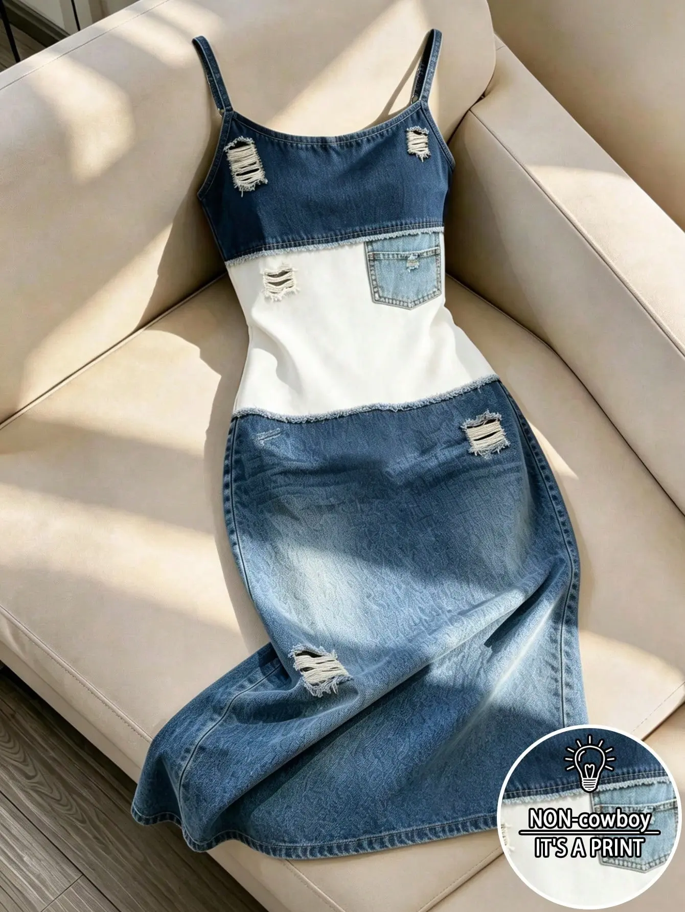Women's Denim Effect Patchwork Distressed Style Versatile Camisole Dress
