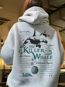 Women's Orca Whale & Letter Print Fitted Hoodie, Fashion Casual Long Sleeve Hooded Sweatshirt for Fall & Winter, Women's Clothes for Daily Wear, Womenswear