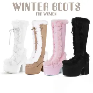 Winter Boots for Women Faux Fur Inner Platform Chunky Block Heel Cozy Warm Knee High Boots Gifts Chic Lace Up Design Round Toe for Work Spring Party Cosplay Snow Hiking Dress Shoes