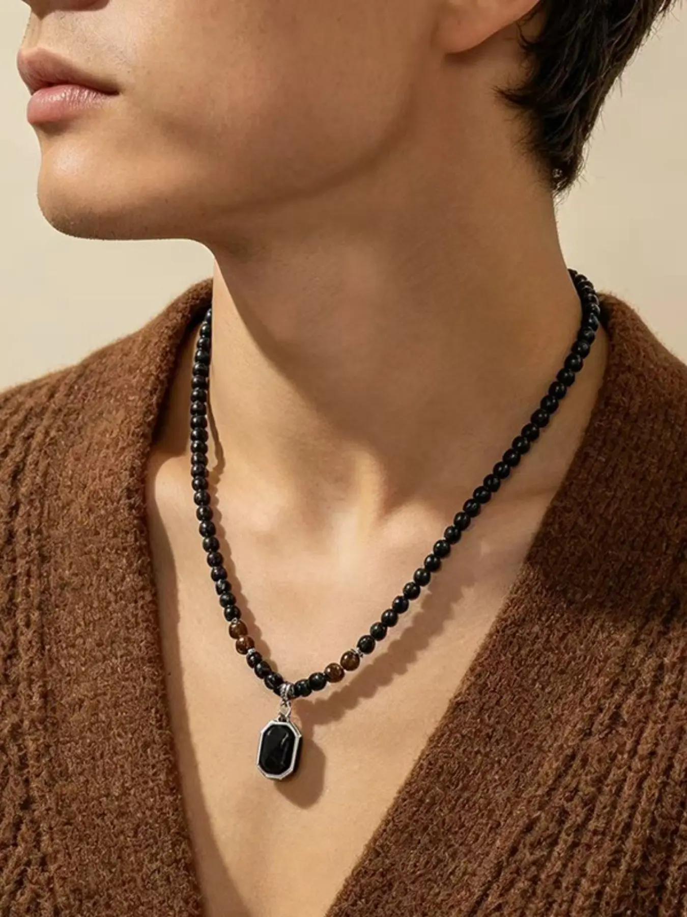Natural Black Onyx & Tigers Eye Necklace, Adjustable Beaded Chain with Black Stone Pendant, Crystal Jewelry