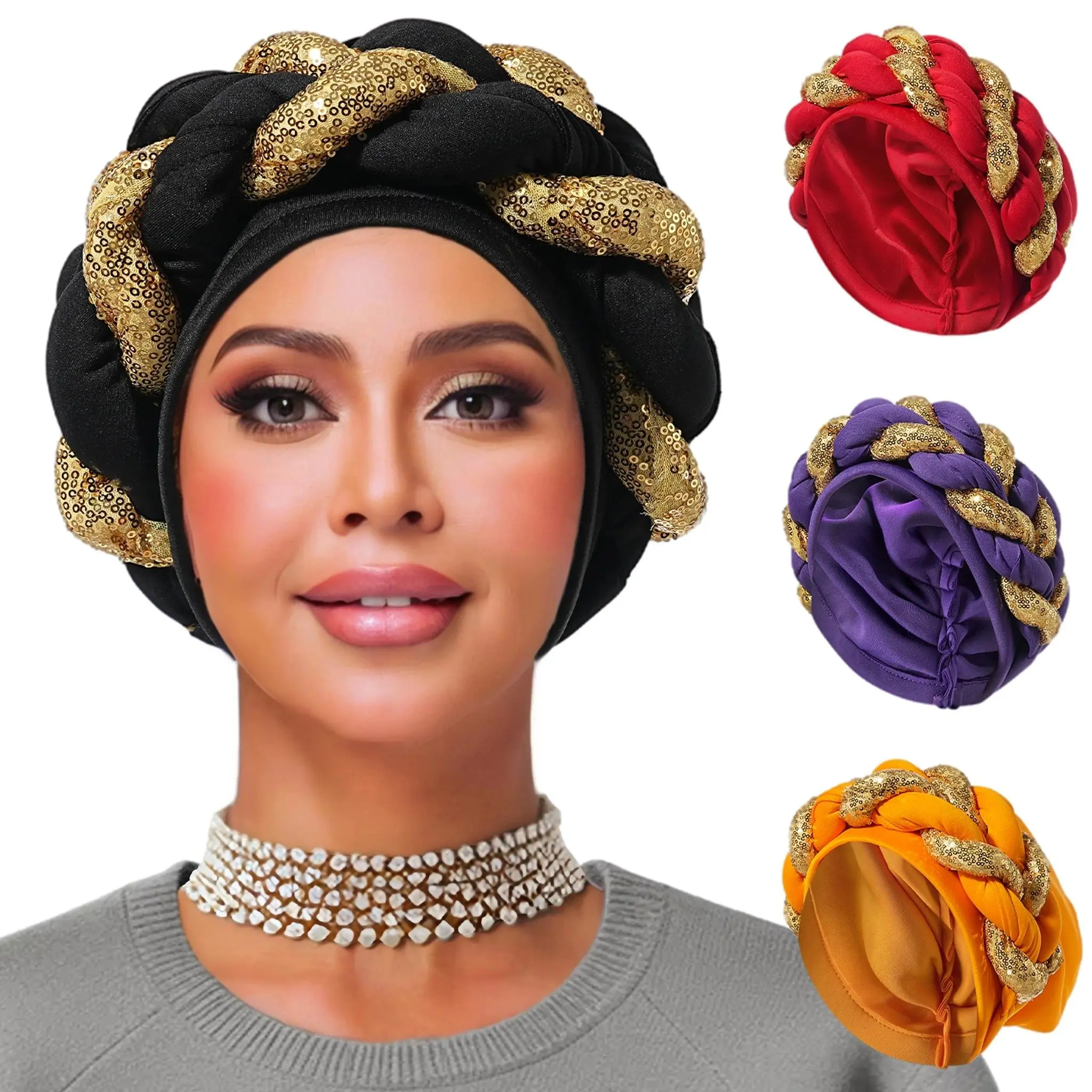 Female Spangle Big Braids Headwrap - Fabric Twisted Wrap, Flowing Twist Band Headpiece, Bridal Fashion Turban Hair Accessory