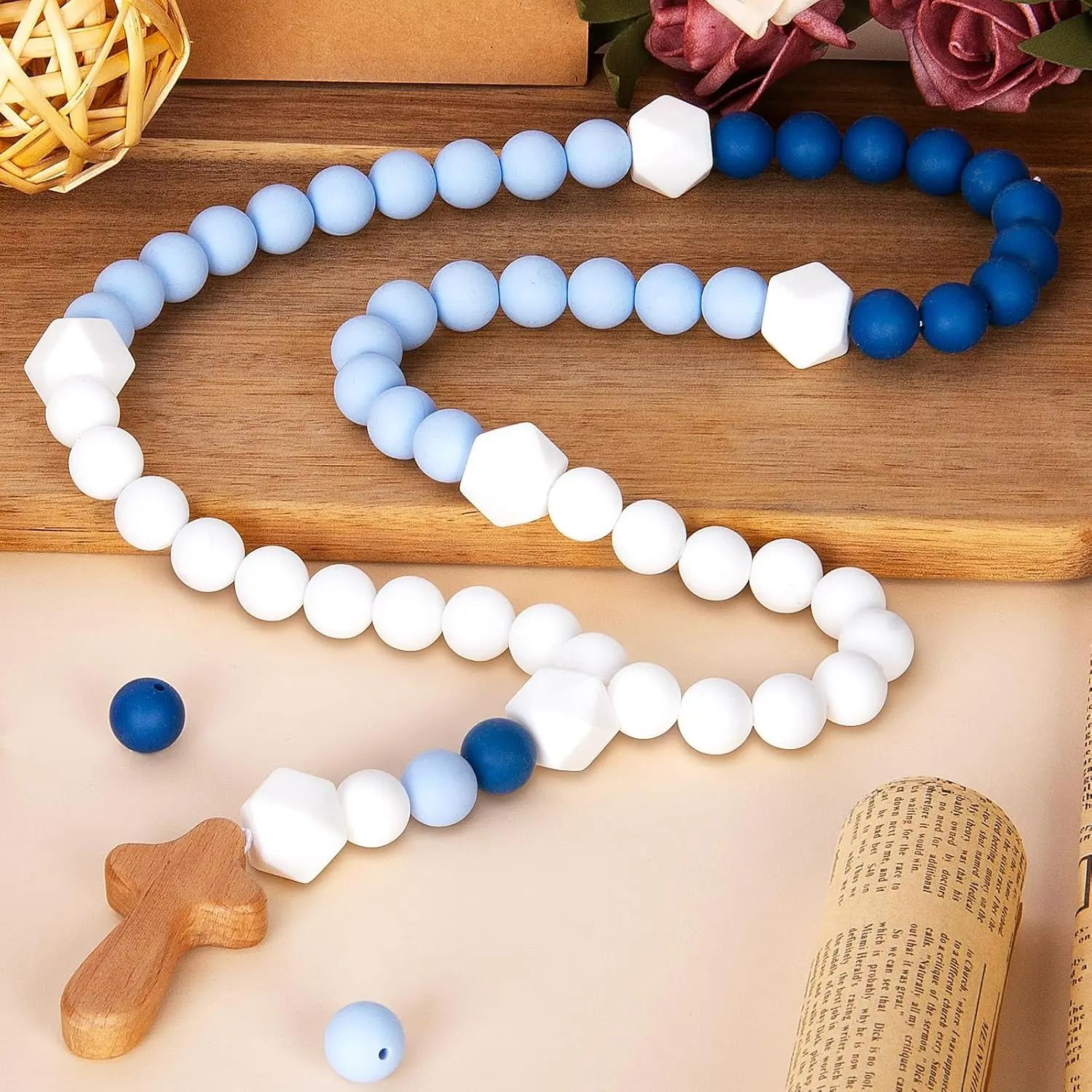 Blue Silicone Baby Rosary with Cross - Unisex 0-3 Years 1-Size Teething Toy, Catholic Baptism Religious Gift, Christian Party Decor Supply