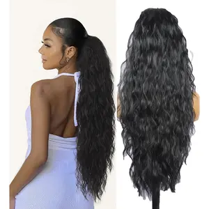 Long Ponytail Extension 30 Inch Comb Clip in Drawstring Curly Wavy Hairpieces for Women Girls Synthetic Fake Hair Extensions Natural Fluffy Hair Pieces for Party Daily Use