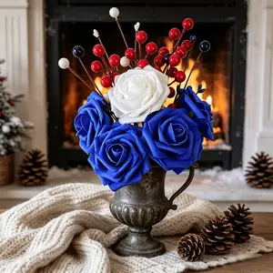 1 Pc Artificial Berry Stem with White & Dark Blue Roses, 4th of July Theme Faux Floral Bouquet for Home Vase Decor, Maintenance Free Easy Matching Floral Accessories