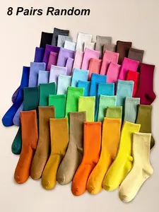 Random Women's Solid Crew Socks, Colorblock Crew Socks, Casual Moisture Wicking Mid-Calf Socks, Soft Comfy Breathable Socks for All Seasons Daily Wear