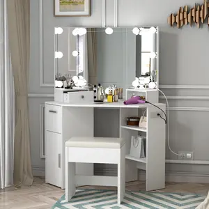 Corner Vanity Makeup Desk with Vanity Mirror, Built-in Lights, 2 Drawers, Power Outlet, Makeup Desk for Bedroom, White