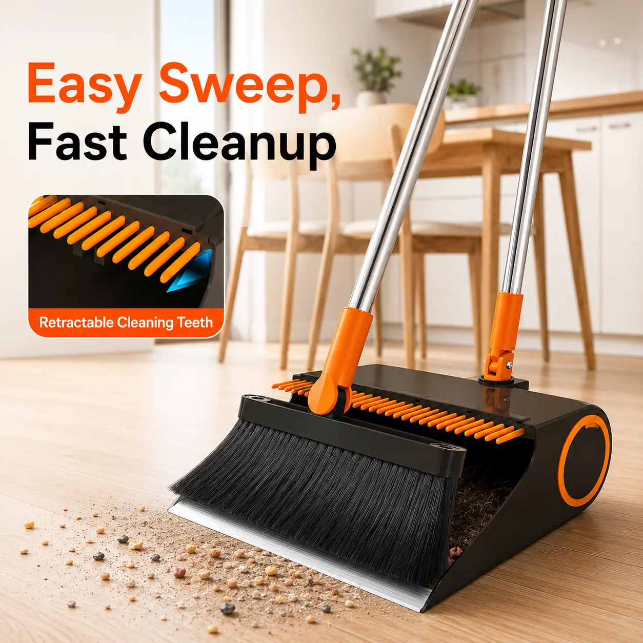 Broom and Dustpan Set Long Handle Stand Up, Upright Broom Combo with Comb Teeth Dustpan & 180 Rotating Head, Foldable Broom and Dustpan Set for Home Kitchen Office Lobby Garage Outdoor, Multi-Surface Sweeper for Pet Hair Dust Crumbs Hardwood Tile