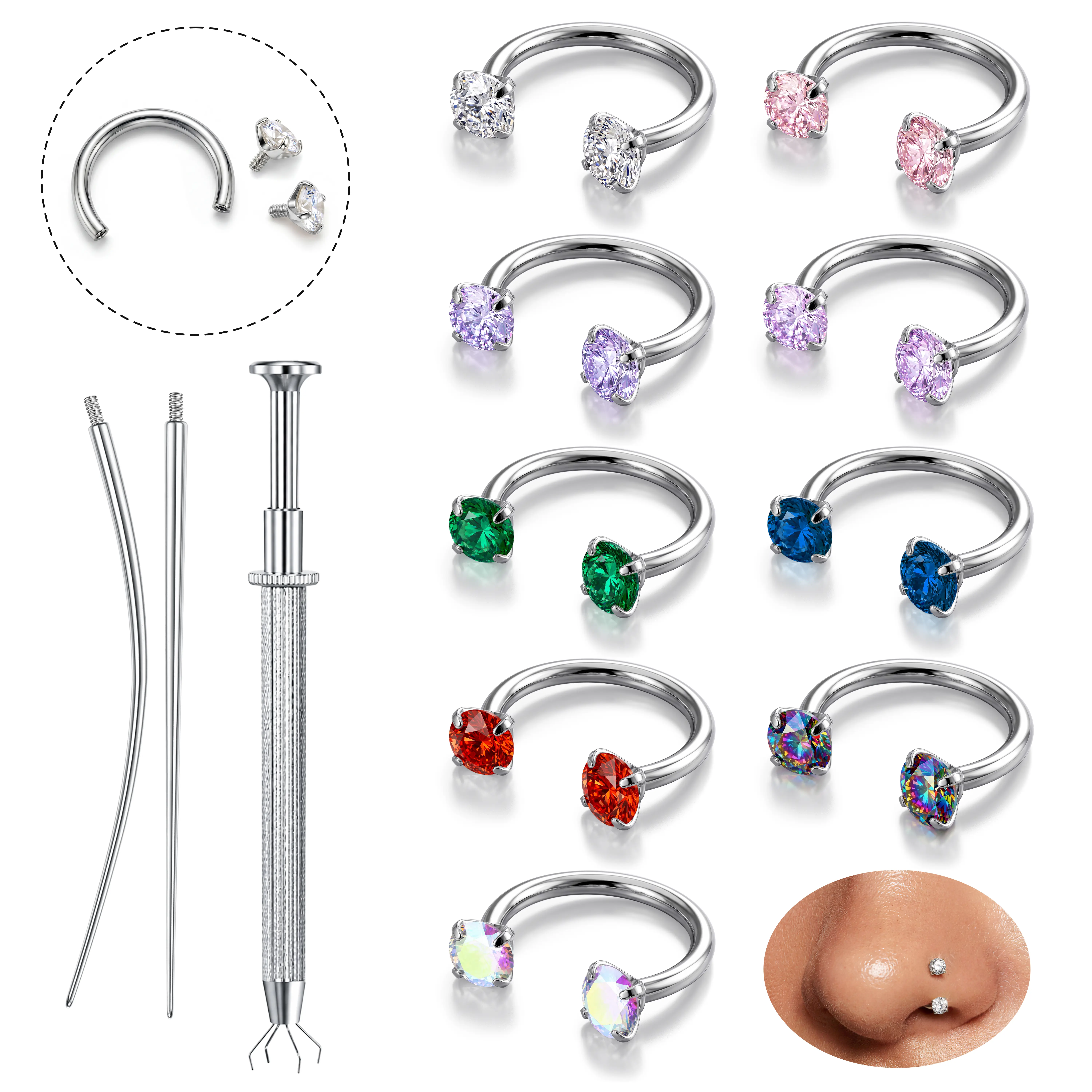 MILACOLATO 18G  Horseshoe Nose Rings for Women Double Gem Horse Shoe Nose Ring Hoop 316L Surgical Steel Internally Threaded Silver Cartilage Helix Tragus Half Hoop Earrings Eyebrow Labret Lip Piercing Jewelry Small Septum Rings 8MM summerwins