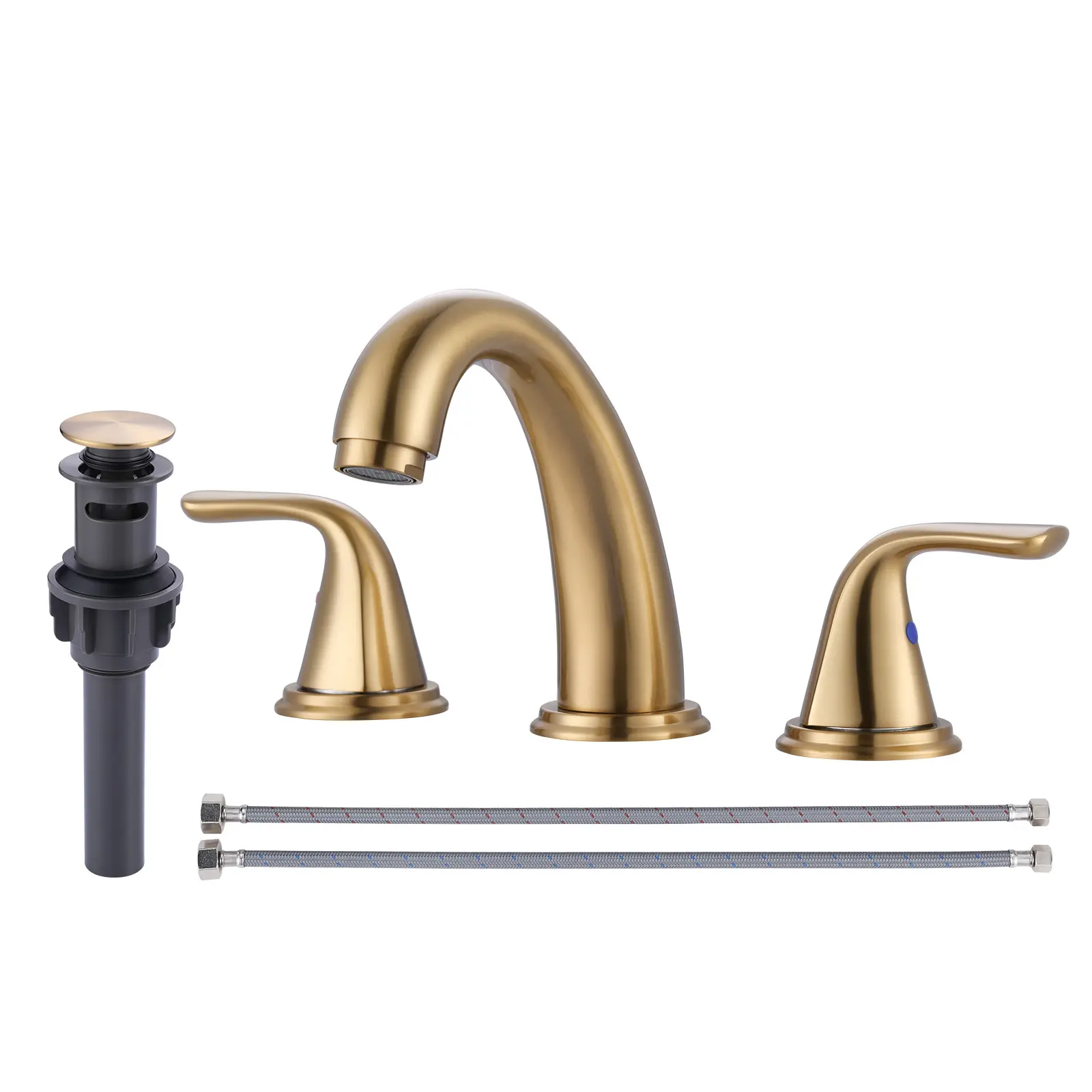 WOWOW 3-Hole Gold Widespread Double Handle High Arc Bathroom Sink Faucet with Leak-Free 304 Stainless Steel Lead-Free Hose, Zinc Base, Popup Drain, and Faucet Attachment, Double Handle Faucet