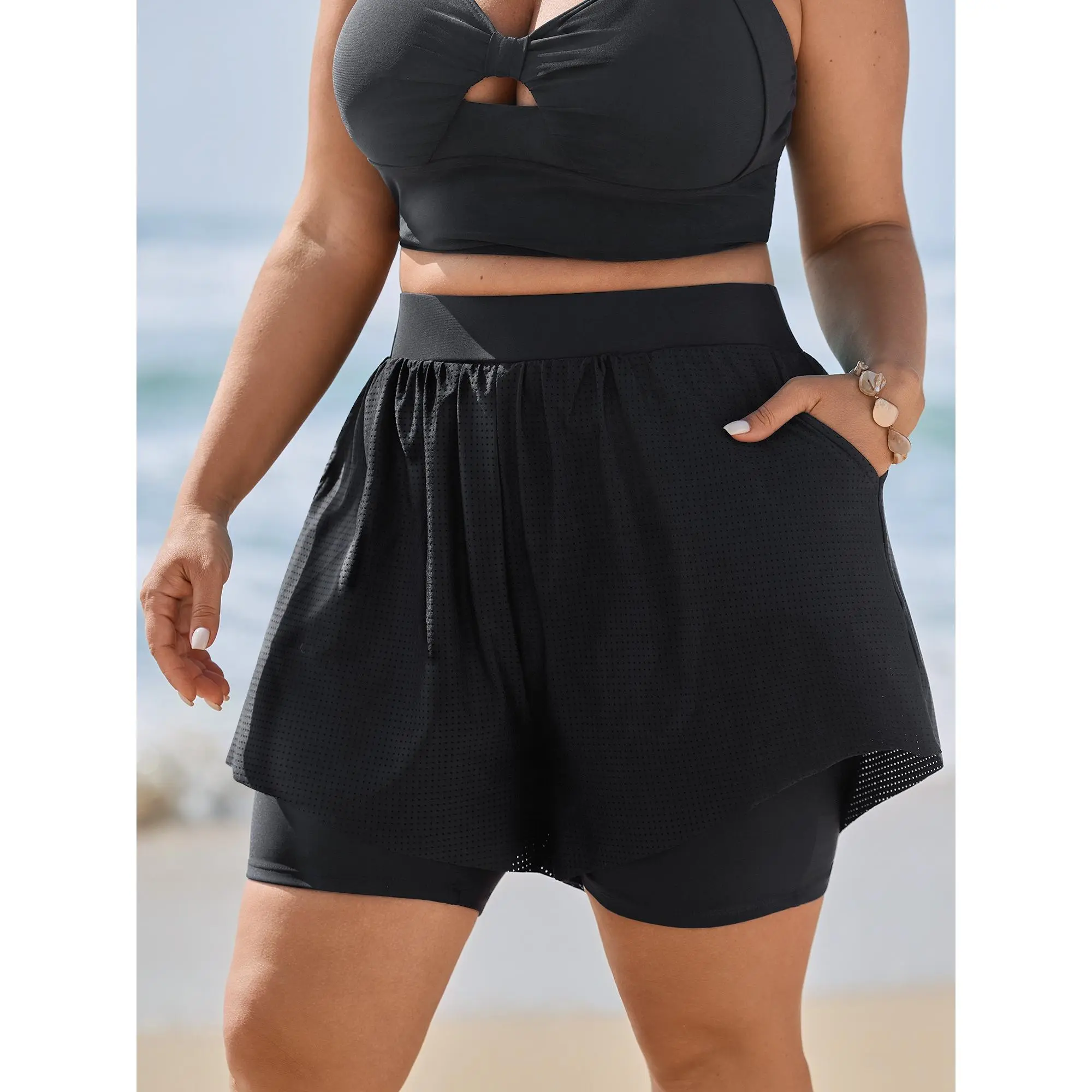 BLOOMCHIC Plus Size Swimsuits,Tummy Control Full-Hip Coverage Spliced Swim Bottoms with Pockets,M-6X Sizes Swimwear Shorts Swimmingtrunks,Summerfinds