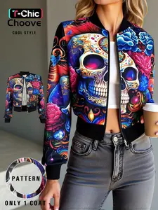 Women's Colorful Skull Print Casual Knit Jacket Coats, Womenswear, Lady, Outerwear, Fitted Style, Moderate Fabric Thickness, All Seasons Wear, Perfect for Daily & Halloween, Floral Print Jacket