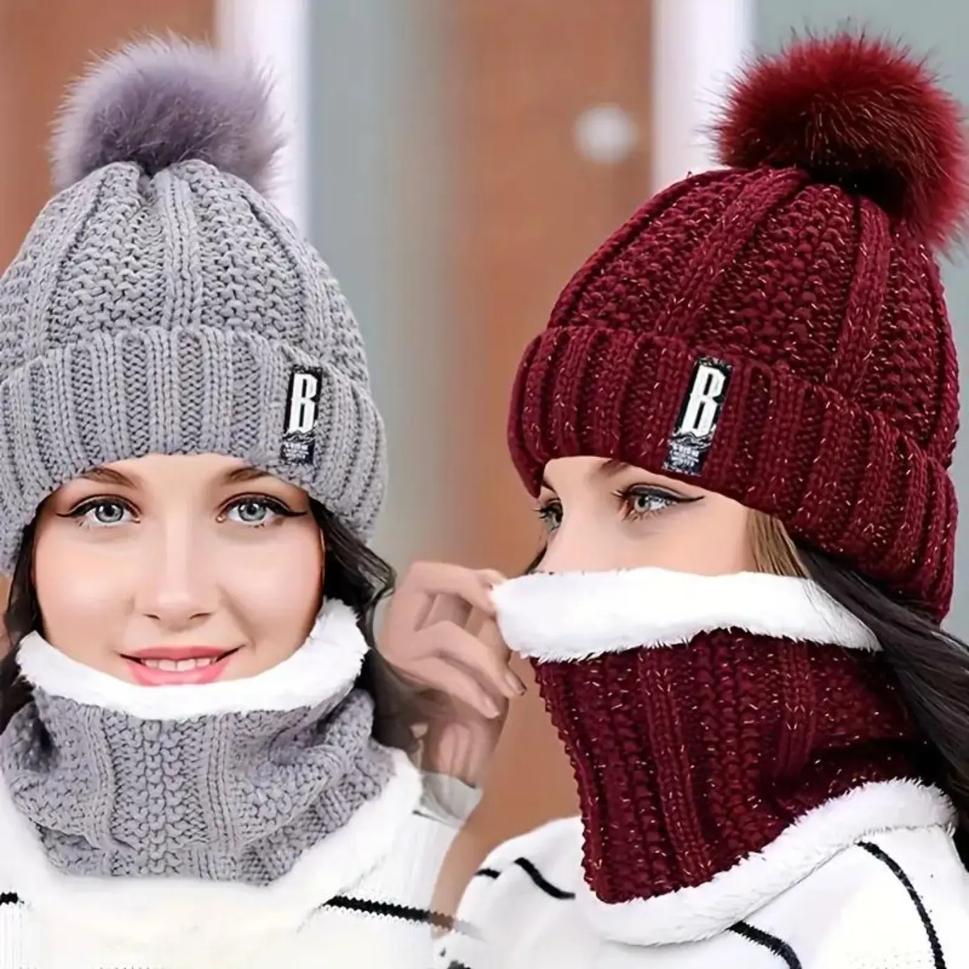 Unisex Solid Knitted Beanie Hat and Scarf Set, Acrylic with Thick Plush Lining, Warm & Windproof for Everyday & Leisure Winter Wear, Beanies, Daily, Plain, Knitwear, Casual, Thickened Plush, Beanie Fashion Accessory Sets