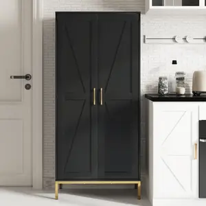 60-inch Tall Kitchen Pantry with 2 Rattan Doors & 3 Adjustable Shelves Freestanding Cabinet for Kitchens Laundry Living Dining Rooms X-shaped Panel Design Metal Handles