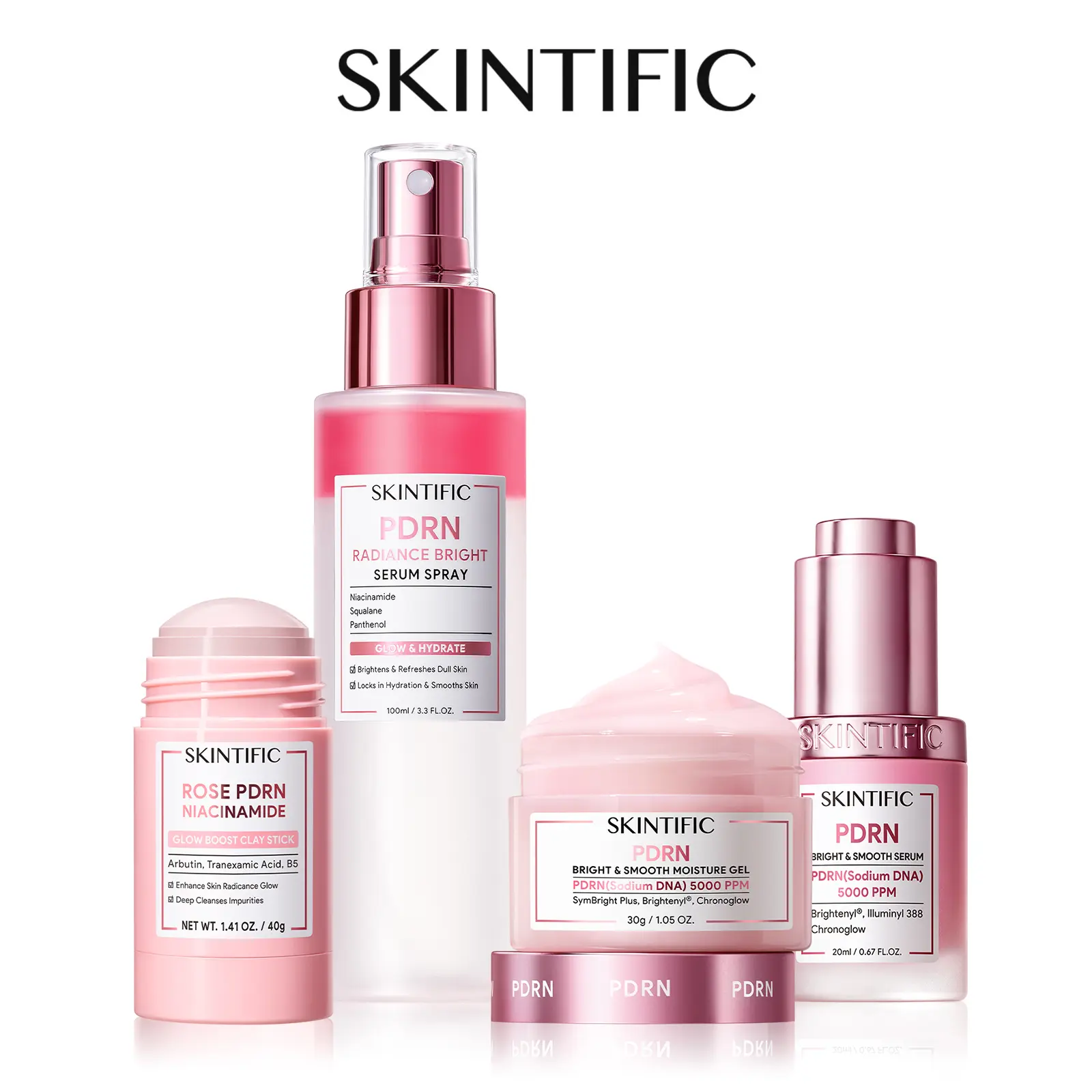 SKINTIFIC PDRN 4PCS Set - PDRN Serum + PDRN Bright & Smooth Moisture Gel + PDRN Bright Boost Serum Spray + PDRN Clay Stick Instantly Hydrates & Plumps The Skin Coveted Glass Look