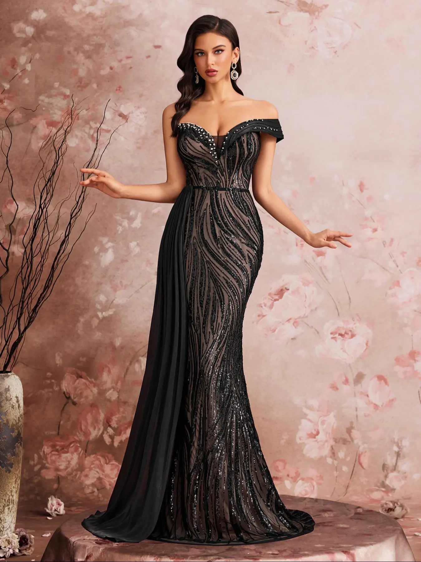 Women's Luxury Beaded Off-Shoulder Fitted Evening Gown, Formal Wear, Long Dress, Wedding Guest Ribbon, Decorative Mermaid Skirt, Elegant Vintage Style