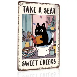 8x12 Inch Aluminum Metal Sign - "Take A Seat Sweet Cheeks" Cute Black Cat Bathroom Decor |   Ideal for Home, Guest Bathroom, Salon, and Cat Lovers' Space |   Whimsical Tin Plaque, Easy to Mount, Perfect Housewarming Gift