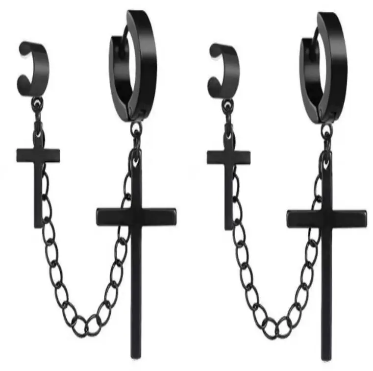 16PCS Punk Y2K Style Black Stainless Steel Earrings Set, Chain Skull Dangle Hoops, Unisex Fashion Costume Jewelry for Men and Women