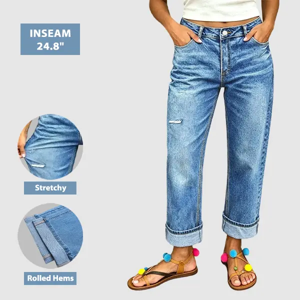 Flamingals Wash Ripped Roll Hem Mid Waist Straight Leg Crop Jeans Stretchy 24.8" Inseam