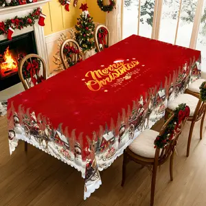 PLUMLIK Christmas Tablecloth, Christmas Decor 2025, With Santa Claus Reindeer Snowman Christmas Tree Patterns Round Rectangular Table Cloth, Red Vintage Table Cover Decoration for Home Indoor Outdoor, Holiday Party Kitchen Festive Decor, Christmas Gifts
