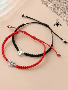 Spider-Man Couple Bracelet Set: 2-Piece Hand-Woven Red & Black Adjustable Bracelets with Spiderweb & Spider Charms, Perfect for Best Friends, Lovers, Halloween, Valentine's Day & Graduation Gifts for Men & Women.