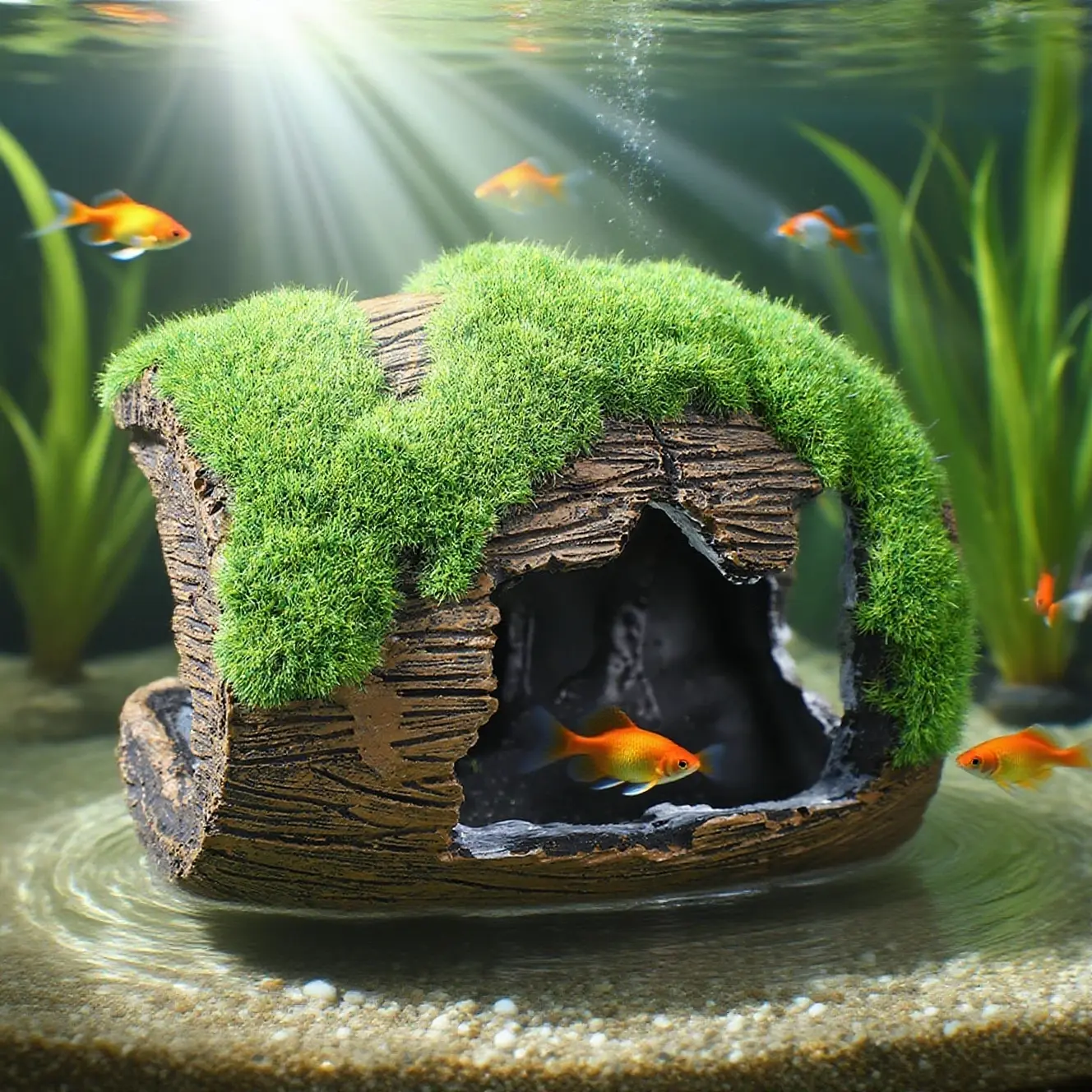 Realistic Moss Resin Driftwood Hideout Decor, Aquarium Tree Cave Decoration, Specialized Shelter for Betta, Crystal Shrimp, Hermit Crabs, Reptiles