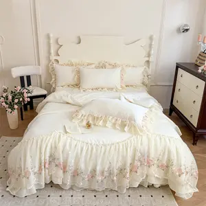 Korean Bedding Set, 3-Piece Embroidered Lace Sheet & Pillowcase, Elegant Girls Room Decor, Comfortable Night Sleep Experience, Decorative Bedsheet Sets