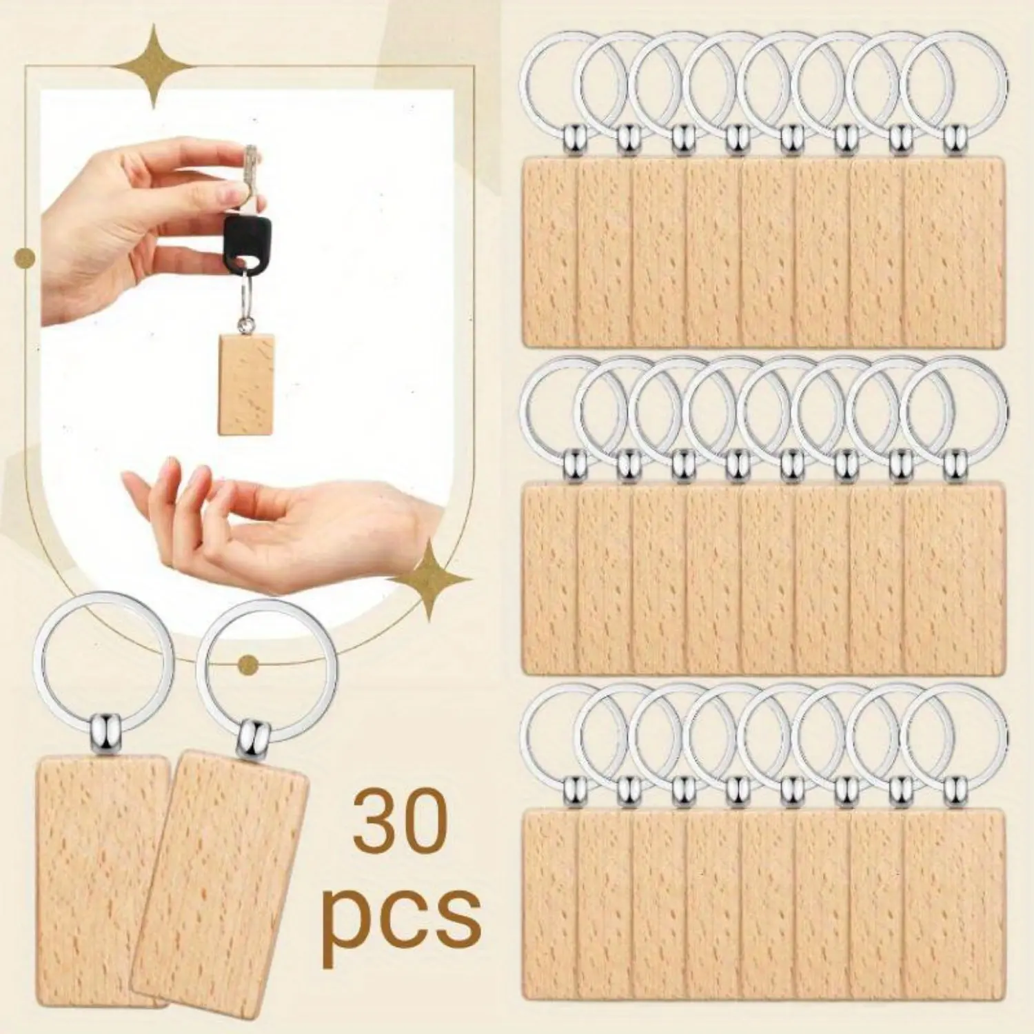 30 Pcs Wooden Keychain Blanks Wood Key Chains Bulk Laser Engraving Rectangle Keychain Blanks Unfinished Wooden Key Ring Key Tag for DIY Gift Crafts