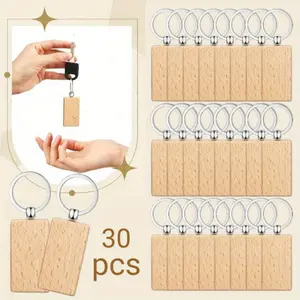 30 Pcs Wooden Keychain Blanks Wood Key Chains Bulk Laser Engraving Rectangle Keychain Blanks Unfinished Wooden Key Ring Key Tag for DIY Gift Crafts