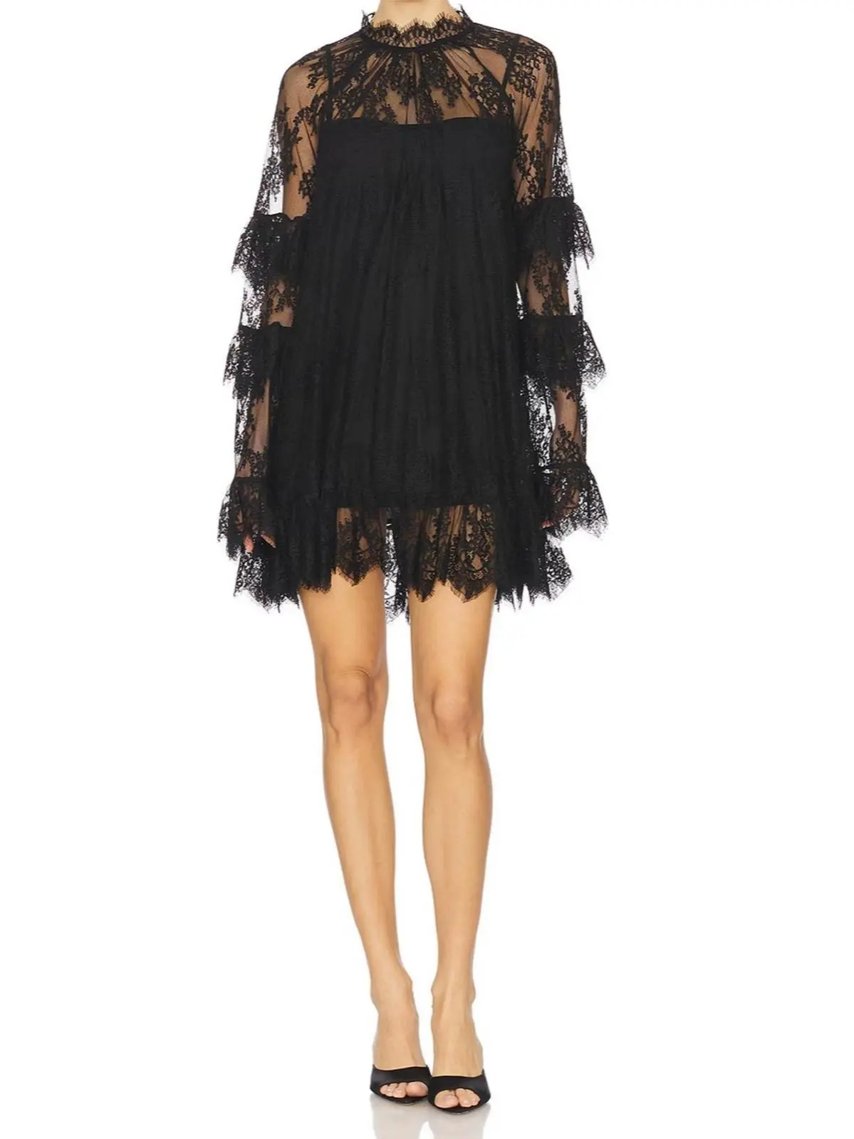 VIVELLE Sexy Sheer Lace Mini Dress Women Long Sleeve Floral See Through Beach Cover Up Ultra Short Dress or Long Top Black Casual