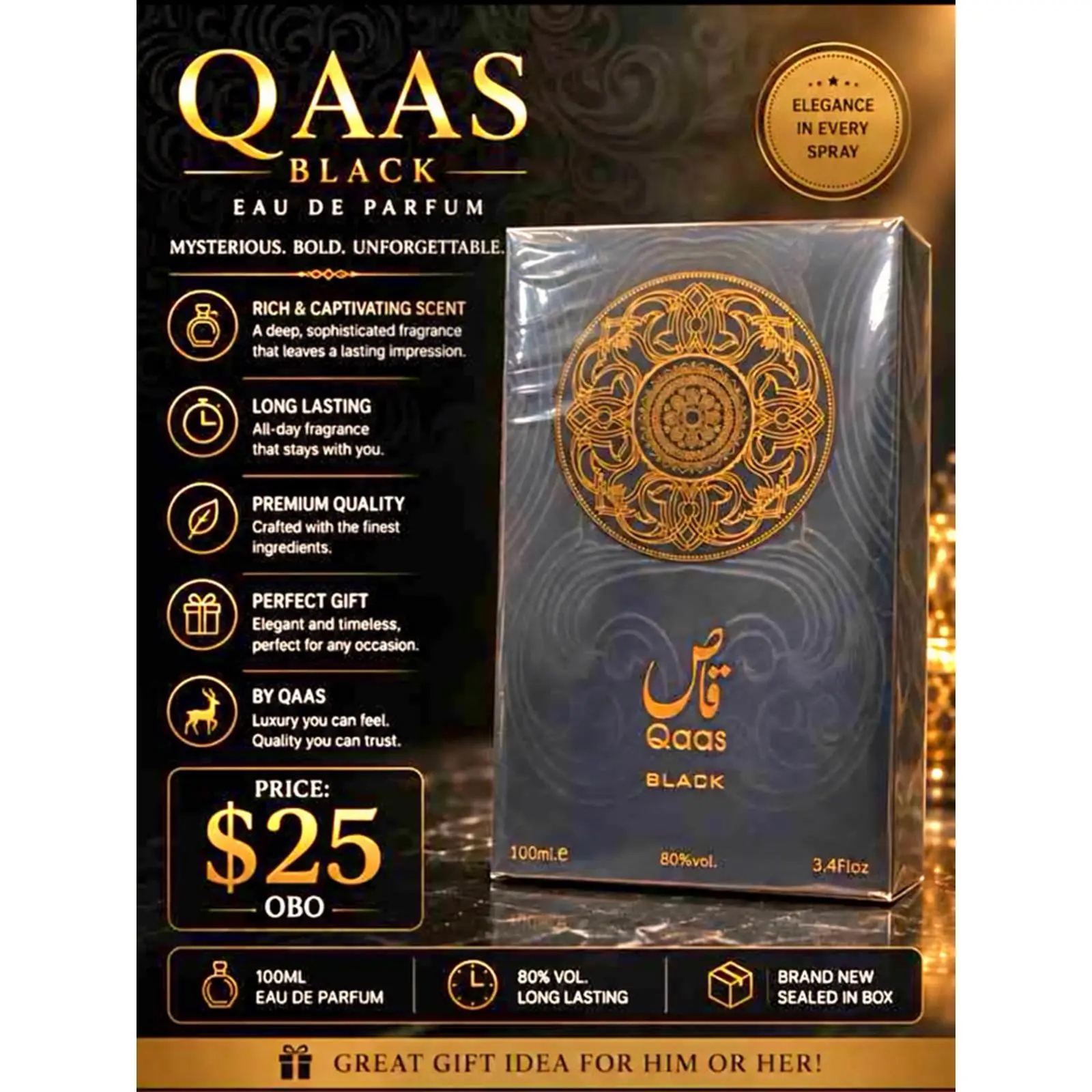 Qaas Black Eau de Parfum 100ml - Rich & Captivating Scent, Long Lasting, Premium Quality, Perfect Gift for Him or Her