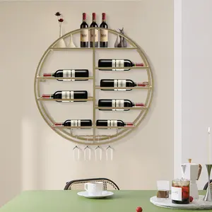 Gold Wall Mount Wine Rack with 4 Glass Holders Modern Iron Wine Bottle Storage for Living Room Kitchen Bar Restaurant