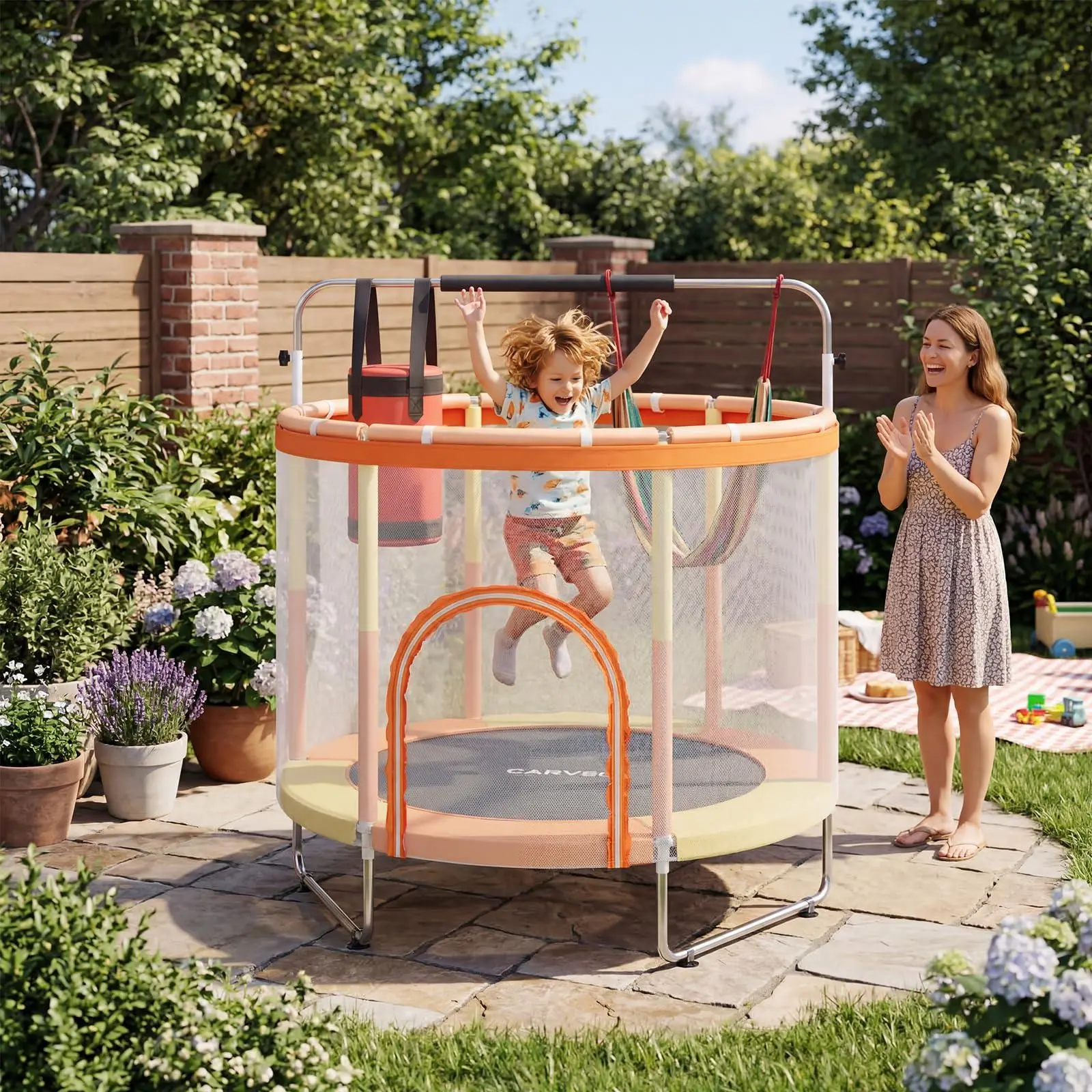 60" Kids' Enclosed Safe Home Jump Trampoline - ASTM Certified, 440 lbs Capacity, 3 Adjustable Heights, 400 lbs Steel Frame Support, Anti-Slip Legs, Foam Edge Pad, Colorful Orange+Yellow, for 4-6 Yrs, Indoor/Garden Use, Children Development Boost, Home Tra